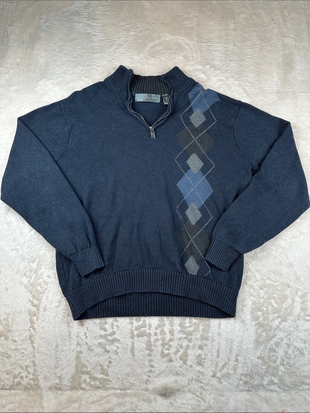 Oscar de la Renta Size XL Navy Quarter-Zip V-Neck Sweater with Blue Argyle